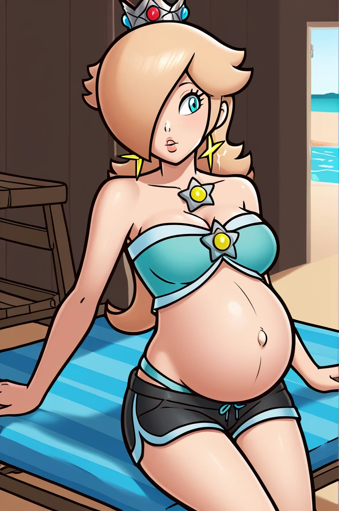 score_9, score_8_up, 1girl, solo, rosalina, style parody, thick outlines, black bikini, shorts, pregnant belly, sleeveless, strapless, cleavage, indoors, beach,