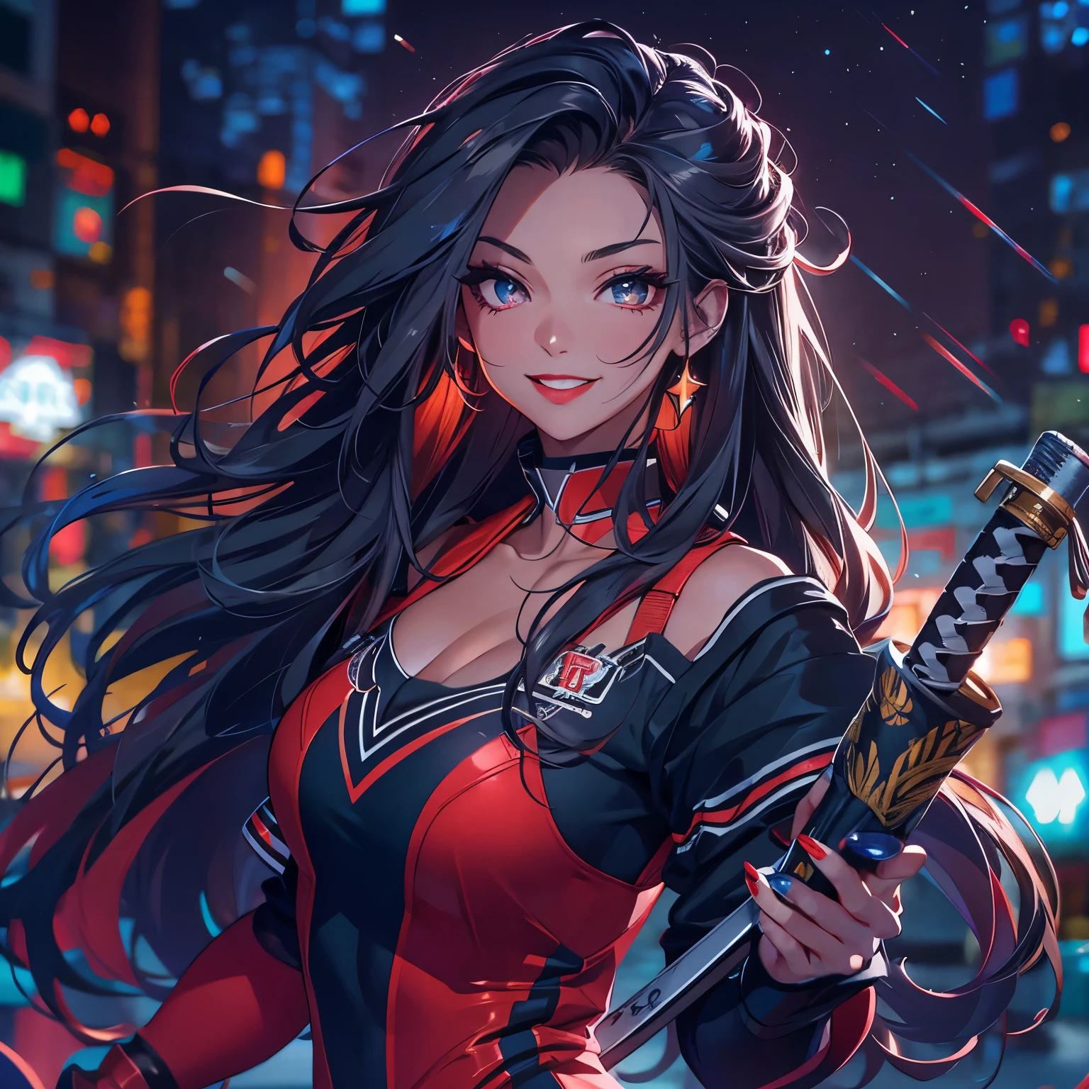 Cheerleader, cute woman, holding down a katana, big smile, expressive, simple nightscape, confident smile, ultra detailed face, better quality, perfect eyes Blue, glowing eyes, long eyelashes, sharp eyes, ultra detailed face, ultra long hair, ultra detailed hair, ultra detailed hair strands, catwalk, walking down the streets, night, starry Sky, ultra detailed lips, Red lips, 