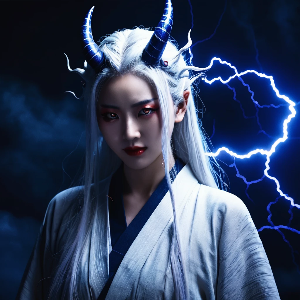 I want a human with eyes covered by a lightning aura and a woman of Japanese ethnicity, I want her to have a hideous smiling expression, and an extremely strong blue demonic aura that surrounds his entire being, this woman has two horns that are covered by lightning and will have long white hair, and wore a sensual Japanese outfit, will have eyes covered in dark blue rays and appear to be 24 years old at most. captured in an ultra-realistic full HD 4K portrait, detailed texture showing its menacing shape, Immersive atmosphere, high definition shadow play, digitalpainting, nevoa no environment. I want a different monster from each other and make the image darker, obscure, creating a dark and dimly lit horror atmosphere!