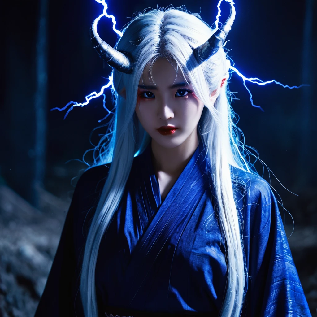 I want a human with eyes covered by a lightning aura and a woman of Japanese ethnicity, I want her to have a hideous smiling expression, and an extremely strong blue demonic aura that surrounds his entire being, this woman has two horns that are covered by lightning and will have long white hair, and wore a sensual Japanese outfit, will have eyes covered in dark blue rays and appear to be 24 years old at most. captured in an ultra-realistic full HD 4K portrait, detailed texture showing its menacing shape, Immersive atmosphere, high definition shadow play, digitalpainting, nevoa no environment. I want a different monster from each other and make the image darker, obscure, creating a dark and dimly lit horror atmosphere!