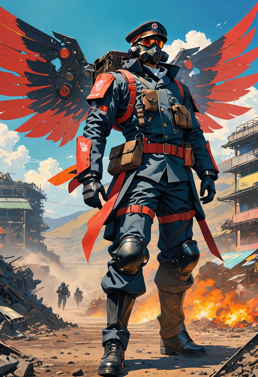 (masterpiece, best quality:1.1), (ultra highres, ultra-detailed:1.2),pop-art,flatcolor, one boy,male officer,(stance for battle),(black military cap,military Gasmask,black gloves,many gear shaped button,has (Tonfa-blade),(mechanical wings),),colored Mecha-wings,BREAK cyberpunk nazi-suit,(wasteland,no man's land),japan,dynamic angle,