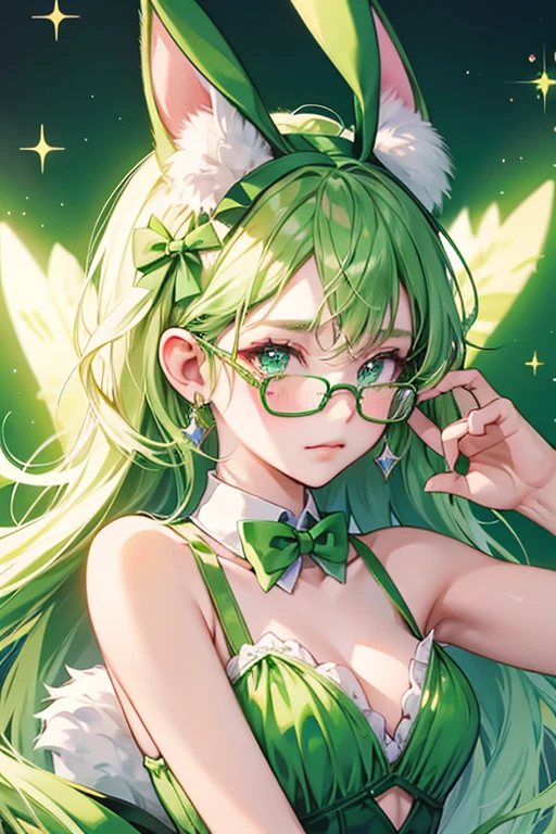 Kendra Kiwi is a glittery, lime green girl bunny with dark green glasses. She has a tired/exhuasted expression. Her ears lean to the left and are adorned with a hot pink bow. SPARKLE; GLITTER