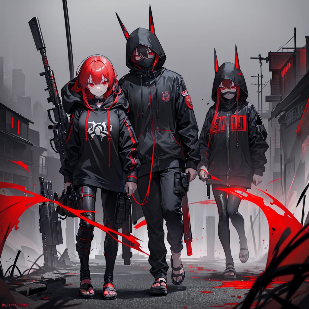(Special forces soldier, bulletprooff mask, red eyes, black outfit, hooded, m4 assault rifle, horror ambience, dark ambience, blood stained clothes,) (Cute redhead psycho teen girl, long hair, red eyes, headphones, wearing sunglassess, big smile, excited, happy, leather hooded jacket, flat track long pants, wearing mask, stained with blood, sandals), walking, midnight, night, fog, rain, destroyed village