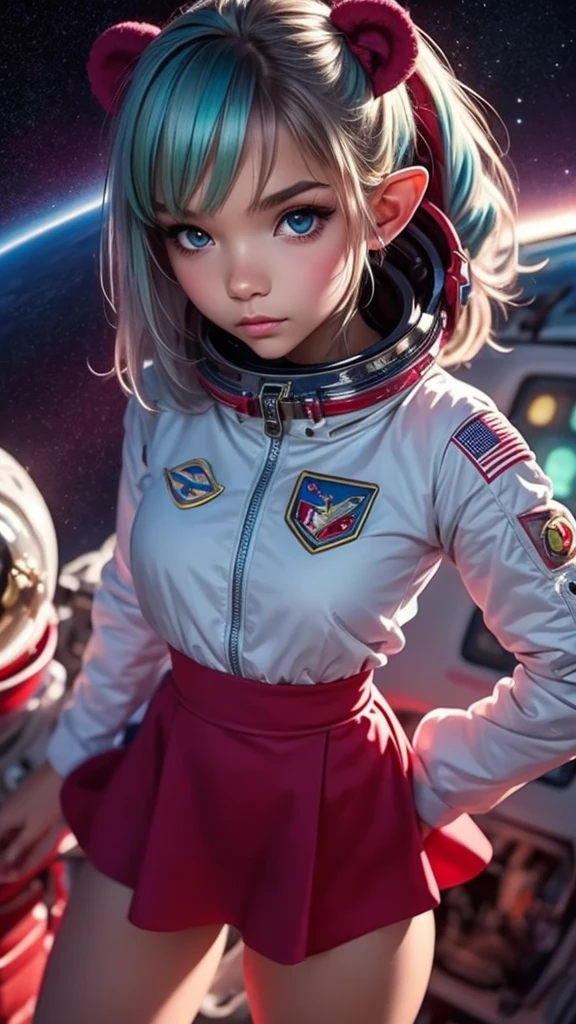 Close-up photo of a young woman, Cartoon girl in space suit with teddy bear, Vertical Anime Skirt, astronaut girl image, Molly Area, Star Guardian inspired, Short light blue hair, blue eyes, Elf race, 