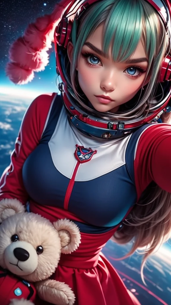 Close-up photo of a young woman, Cartoon girl in space suit with teddy bear, Vertical Anime Skirt, astronaut girl image, Molly Area, Star Guardian inspired, Short light blue hair, blue eyes, Elf race, 