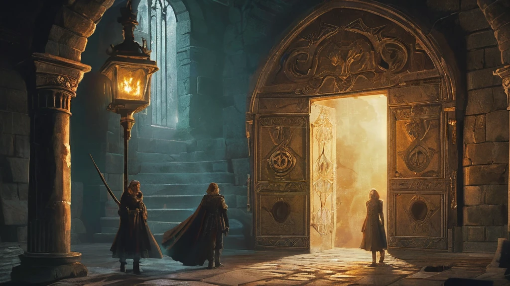 In the dim, ancient chamber of a dark medieval castle, a brown-curly-haired boy and a white-haired girl stand side by side. The chamber is lit only by the faint, flickering light of torches mounted on the stone walls, casting eerie shadows that dance across their faces. The boy, with his untamed curls and curious eyes, clutches a weathered map, while the girl, with her striking white hair and intense gaze, holds a small, intricately carved amulet. The air is heavy with the scent of damp stone and aged parchment. Together, they face a large, ornate wooden door that creaks ominously, hinting at the mysteries and dangers that lie beyond. Their expressions are a mix of determination and trepidation as they prepare to uncover the secrets hidden within the castle's dark, labyrinthine depths.