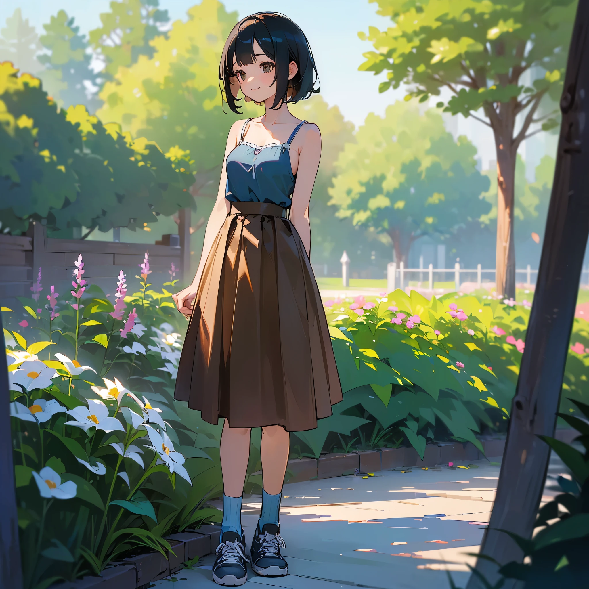 (high quality, High resolution, Very detailed, reality:1.37), Peaceful atmosphere, (Outdoor, garden), Teenage girl standing alone, (my breasts are big.), Beautiful details, Cute Smile, (Black bob hair), camisole, Brown Skirt, Blue socks, sneakers.