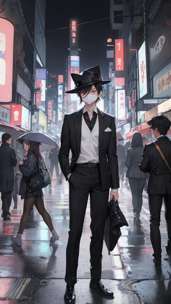 Amidst the bustling streets of Tokyo, Taro Sato stood at the edge of Shibuya Crossing, observing the sea of people surge forward as the lights changed. Neon signs cast a kaleidoscope of colors on the sleek glass façades of the towering skyscrapers, their reflections dancing in the puddles left by a recent rain. The cacophony of electronic advertisements, distant train announcements, and snippets of conversations created a symphony unique to this city.
From behind, Taro's figure was striking—a tailored navy suit draped perfectly over his broad shoulders, the crisp white shirt collar peeking out just so. His dark hair was neatly styled, and his polished leather shoes clicked softly on the pavement. The formal attire was contrasted by a whimsical accessory: a hat shaped like a fox, complete with pointed ears and a mischievous expression.
Adding to the enigmatic look was a sleek, black mask covering the lower half of his face. The mask, subtly decorated with geometric patterns, gave Taro an air of mystery while blending seamlessly with his suit. It seemed almost to add a layer of intrigue, drawing attention without revealing too much.
As he stepped off the curb, the rhythmic pulse of Tokyo enveloped him. Taro moved with the crowd, yet his eyes remained sharp, scanning the myriad of faces and signs. He paused briefly at a small alleyway, where the frenetic energy of the main streets gave way to a quiet ramen shop, its warm glow offering a moment of respite. Here, in this juxtaposition of chaos and calm, Taro felt the heartbeat of Tokyo and knew he was exactly where he needed to be, his fox hat and mask adding a touch of both whimsy and mystery to the city's vibrant tapestry.