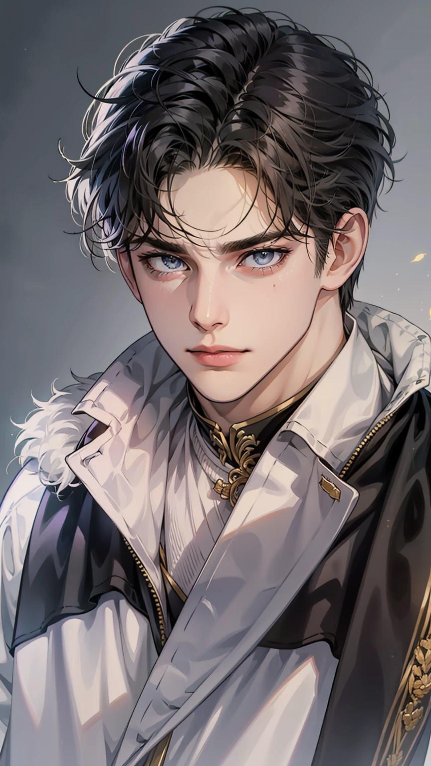 masterpiece, best quality, realistic, 1man, mature male, quiet and charming young man, 25 year old, serious look, closed mouth, portrait, extremely detailed face, cold expression, ((dark grey eyes)), ((short-right-swept dark black hair)), [thick furrowed eyebrows], ((black duke outfit)), handsome, full body, fair skin, regal pose.