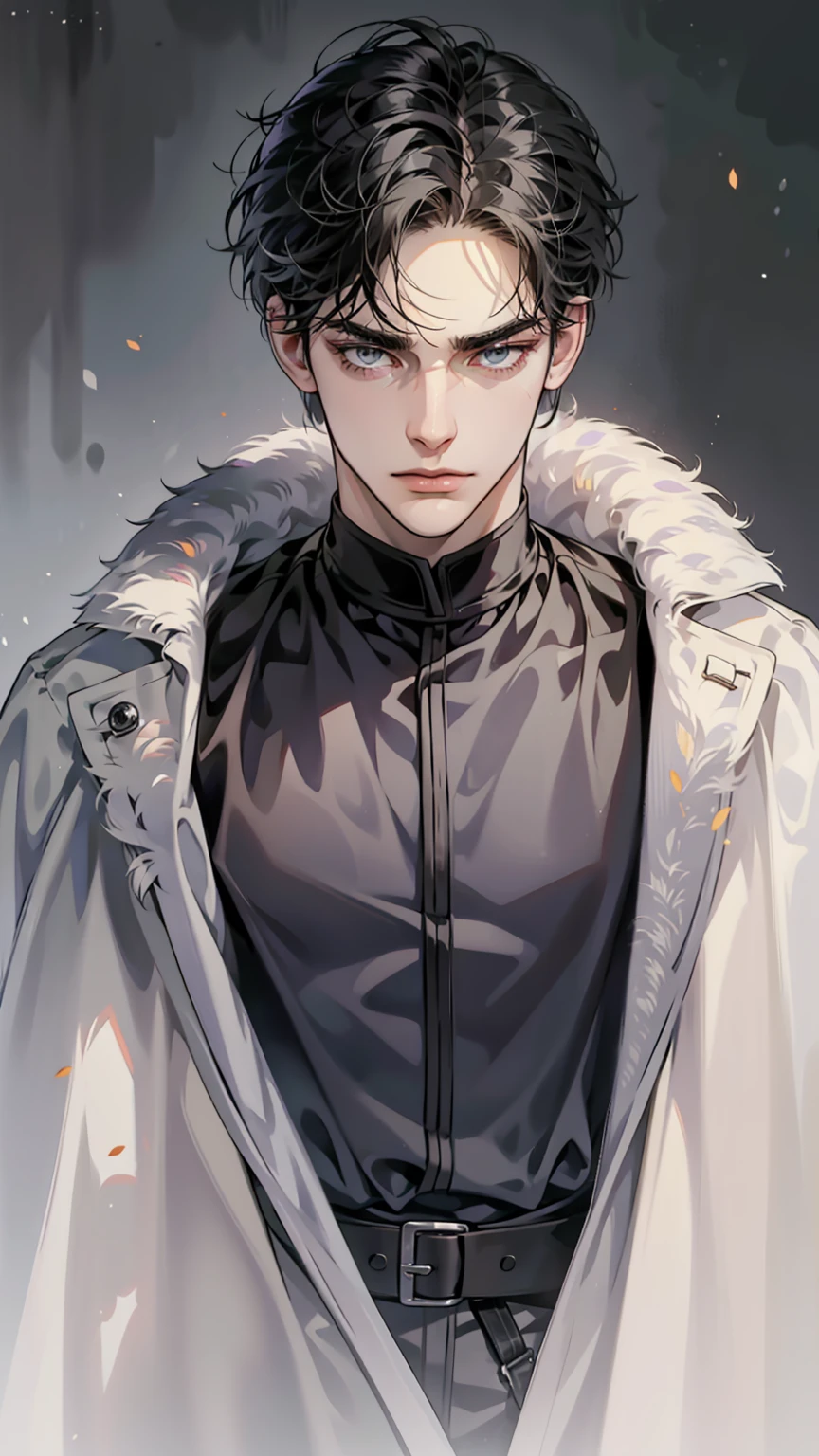 masterpiece, best quality, realistic, 1man, mature male, quiet and charming young man, 25 year old, serious look, closed mouth, portrait, extremely detailed face, cold expression, ((dark grey eyes)), ((short-right-swept dark black hair)), [thick furrowed eyebrows], ((black duke outfit)), handsome, full body, fair skin, regal pose.
