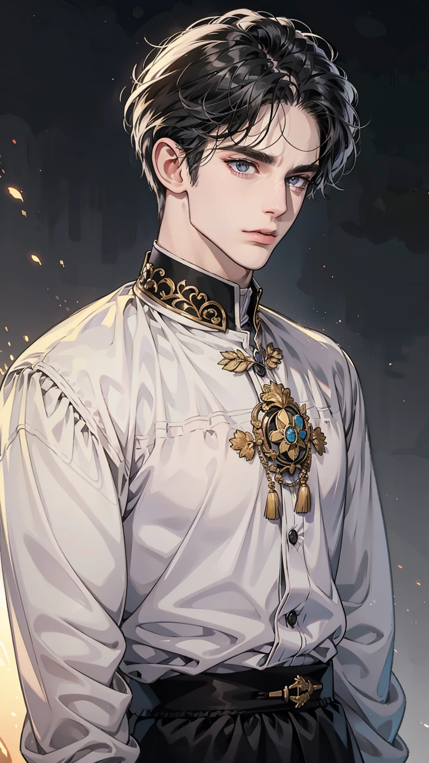 masterpiece, best quality, realistic, 1man, mature male, quiet and charming young man, 25 year old, serious look, closed mouth, portrait, extremely detailed face, cold expression, ((dark grey eyes)), ((short-right-swept dark black hair)), [thick furrowed eyebrows], ((black duke outfit)), handsome, full body, fair skin, regal pose.