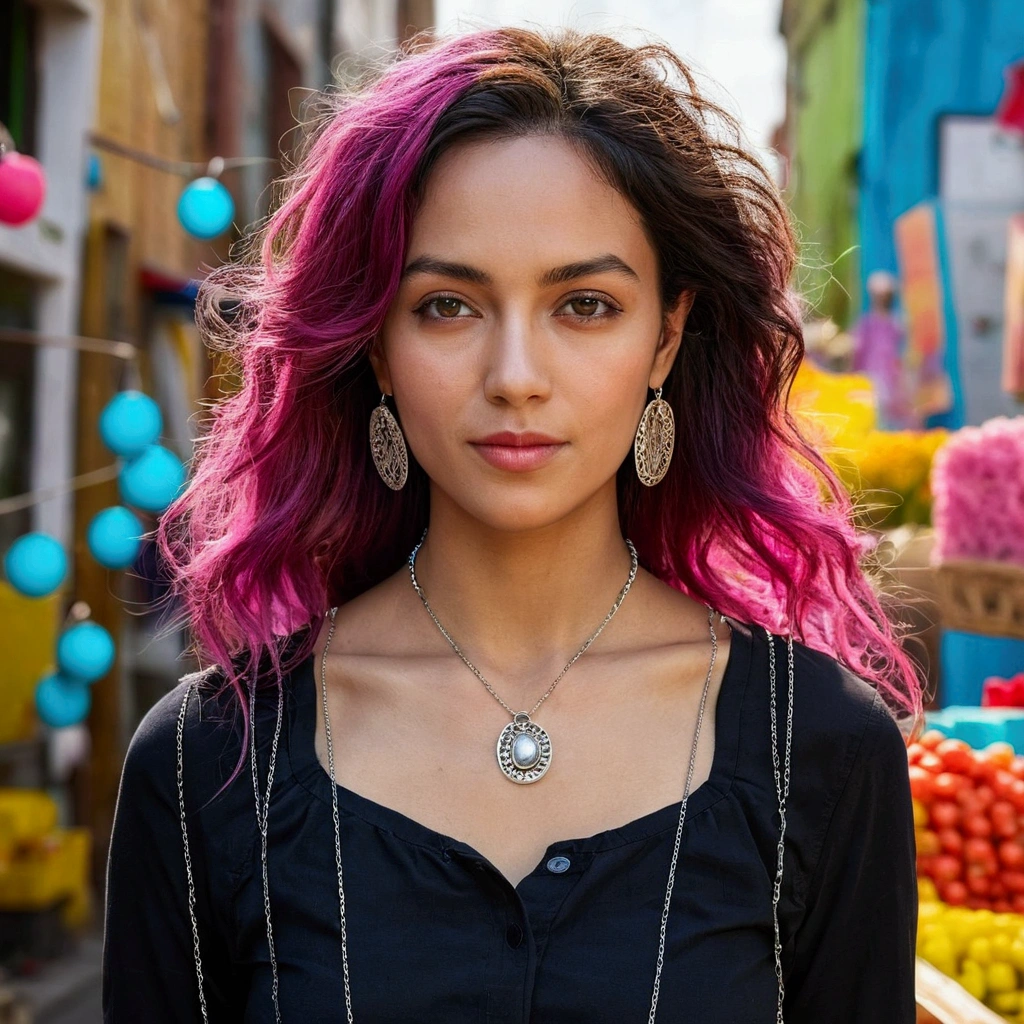 Create a realistic portrait of a woman with a playful expression. Set the scene in a colorful and eclectic urban market, capturing the vibrant energy of the surroundings using small silver chain necklace