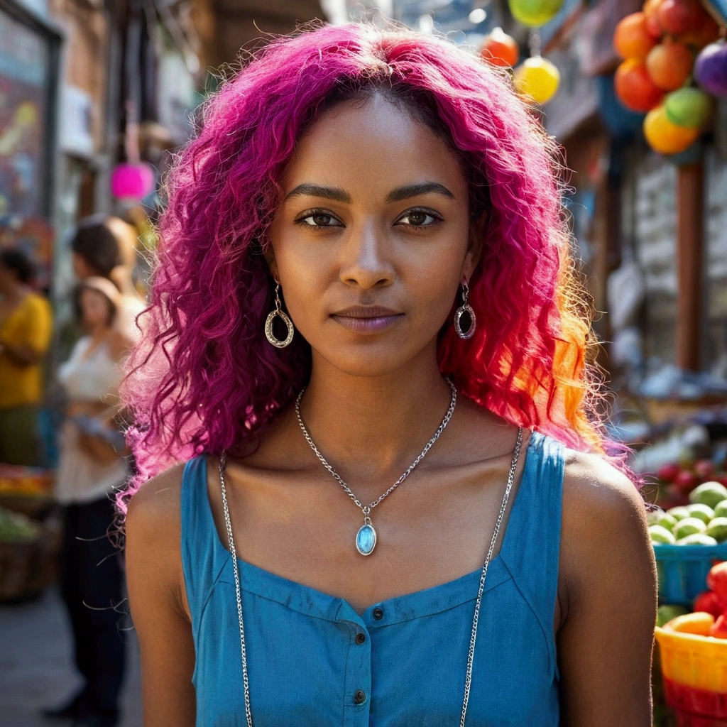 Create a realistic portrait of a woman with a playful expression. Set the scene in a colorful and eclectic urban market, capturing the vibrant energy of the surroundings using small silver chain necklace