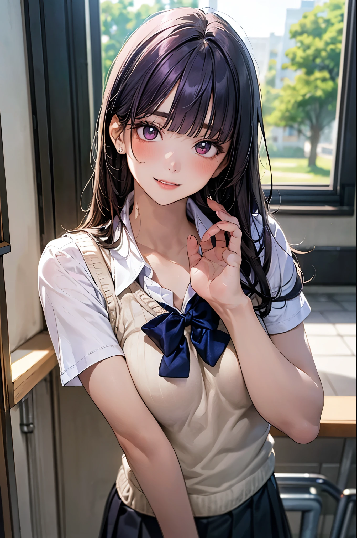(masterpiece:1.2, top-quality), (realistic, photorealistic:1.4), beautiful illustration, (natural side lighting, movie lighting), depth of fields, nsfw,
looking at viewer, (face focus, upper body, front view), 1 girl, 10 years old, (perfect anatomy, anatomically correct, super detailed skin), cute and symmetrical face, perfect face, perfect eyes,
(long hair, straight hair:1.5, purple hair), blunt bangs, break brown eyes, big eyes, drooping eyes, long eye lasher, (medium breasts, seductive thighs), perfect body, shiny skin, pink skin,
beautiful detailed hair, beautiful detailed face, beautiful detailed eyes, beautiful clavicle, beautiful body, beautiful chest, beautiful thigh, beautiful legs, beautiful fingers,
(detailed cloth texture, break short sleeve white collared shirt, break (navy knit vest), break black pleated skirt, break dark green bow tie), break
(beautiful scenery), (school art room:1.2), standing, (sexy pose, arms up), (enchanted look, embarrassed, seductive smile, parted lips),