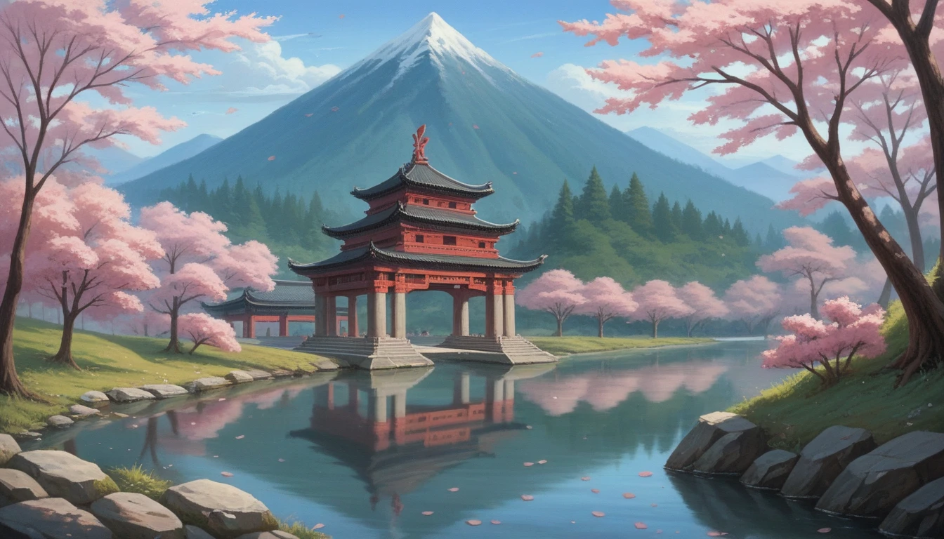 A legendary warrior in traditional armor stands beside a tranquil river, with cherry blossom trees in full bloom. Ancient temples and bridges are visible in the background, with mountains rising in the distance. The warrior's reflection is seen in the clear water. Ultra-high definition, fine details, smooth camera pan from the river to the temples.
