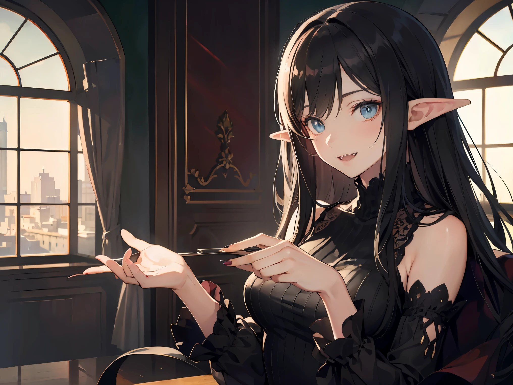 (black hair), long hair, Hair blowing in the wind, Hair Ribbon, mismatched sclera, smile, Baroque, chiaroscuro, masterpiece, accurate, high quality, best quality, high details, super detail, Vampire, aristocratic vampire, dark castle interior, moonlight shining through a window into a dark room, at night, Sleeveless turtleneck, Detailed hands, detailed fingers, pointed nails, nail art, Fangs protruding from the mouth, elf, pointy ears, mature woman