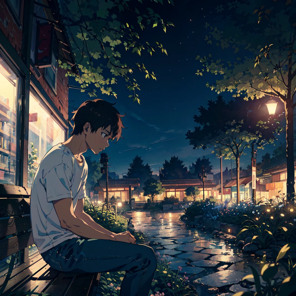 night、garden,Adult man sitting on a bench, Looking down,(Sitting and looking down:1.2),White T-shirt,jeans,The aesthetics of anime in the 90s, Lo-Fi, Very detailed,A mix of anime style and Fujifilm, Surreal, 8k, masterpiece,Side Angle