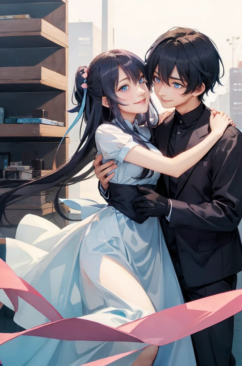 Anime boy with blue eyes dark blue hair wearing modern dress and Anime girl with pink eyes peach long hair wearing modern dress smiling