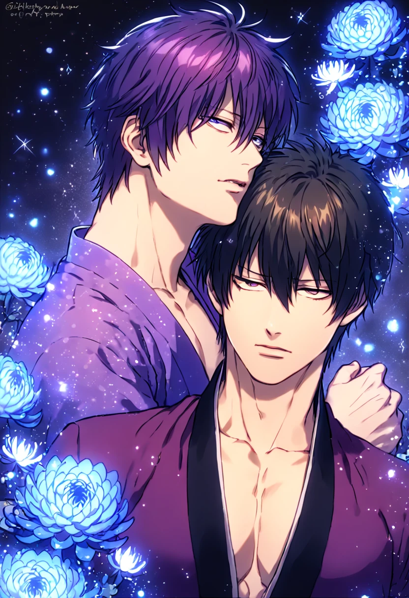 absurdres, highres, ultra detailed, HDR, master piece, best quality, extremely detailed, Takasugi Shinsuke, dark purple hair, expressive brown eyes, Gintama, Hijikata Toshiro, black hair, expressive blue eyes, two sexy men together, yaoi, gay couple, handsome, purple kimono, blak military clothes, fantasy, water, sparkling, blue glittering fireflies, blue moon, blue blossoms, blue chrysanthemums, blue sparkling lights, starry sky, magical