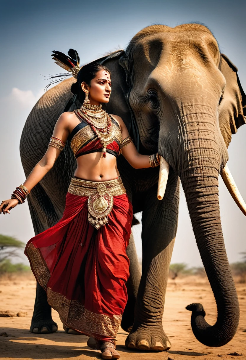 A valiant Indian Warrior, her raven hair tied in a battle-ready bun adorned with feathers, her skin a canvas of fierce warrior tattoos that tell a thousand unspoken tales of valor. Despite the ruggedness of her appearance, her piercing dark eyes sparkle with an unmistakable beauty that has captured the hearts of many. She stands tall in the midst of her formidable Elephant cavalry, each beast caparisoned in vibrant fabrics that flutter in the wind, reflecting the might and grandeur of their ancient empire. The Warrior is dressed in warrior's armor, intricately crafted with metal scales that shimmer under the intense sun, giving her a fiery aura as she stands firm on the dusty battlefield. Her crimson sari is tucked in at the waist, allowing for unrestrained movement as she gracefully wields a gleaming sword in one hand and a battle-worn spear in the other. The Elephants, sensing their leader's determination, trumpet in unison, their eyes reflecting intelligence and loyalty. Behind her, the line of elephants stretches into the horizon, each with a mahout dressed in matching attire, poised and ready to follow her lead. She shouts a command, her voice echoing through the air, a blend of power and elegance that sends a shiver down the spines of the enemy. In the heat of the moment, she swiftly runs back to her steadfast elephant, her trusted steed, which awaits her with stoic patience. The creature, adorned with gleaming gold armor and a crimson howdah, mirrors her readiness for combat. As she leaps onto the animal's back, the scene is set for an epic charge. The muscles of the elephant ripple in anticipation, and the warrior's hand grips the reins tightly, her gaze never wavering from the path ahead. The image captures the essence of female empowerment, strategy, and the unbreakable bond between human and animal in the face of war, painting a picture of a leader who embodies the spirit of her people and the might of her cavalry.