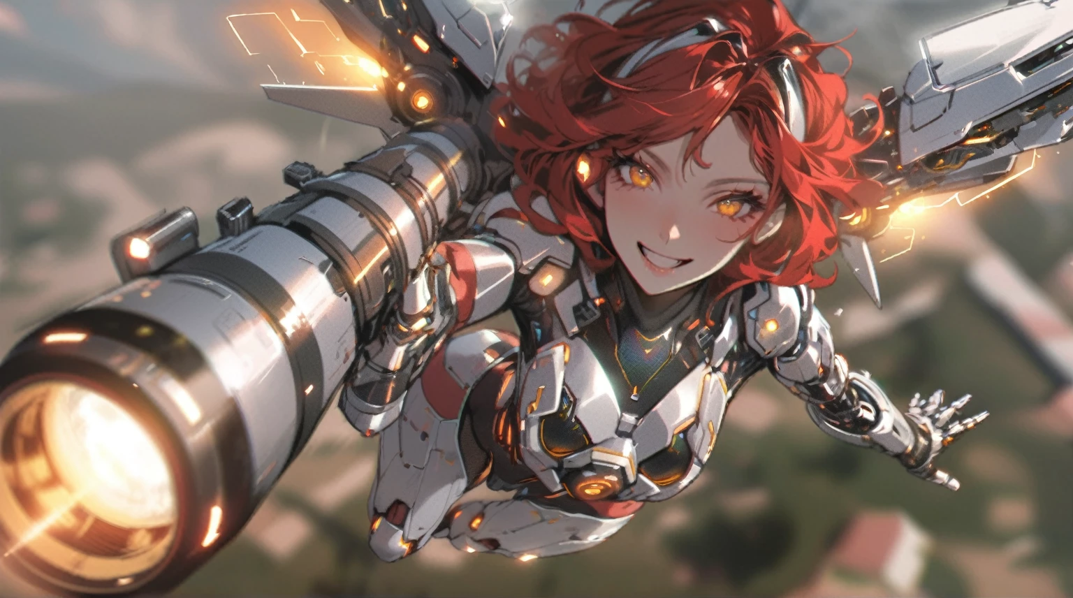 postapocalypse themed concept art, ultra-detailed illustration of android girl, solo, red hair, golden eyes, mechanical silver and white armor, glowing mechanical wings, She holds a huge bazooka and flies through the air. bird's eye view, depth of field, wasteland, summer sky, expressive face, provocative smile, glitch effect, masterpiece, best quality, beautiful illustration, very aesthetic art, perfect anatomy, perfect hand