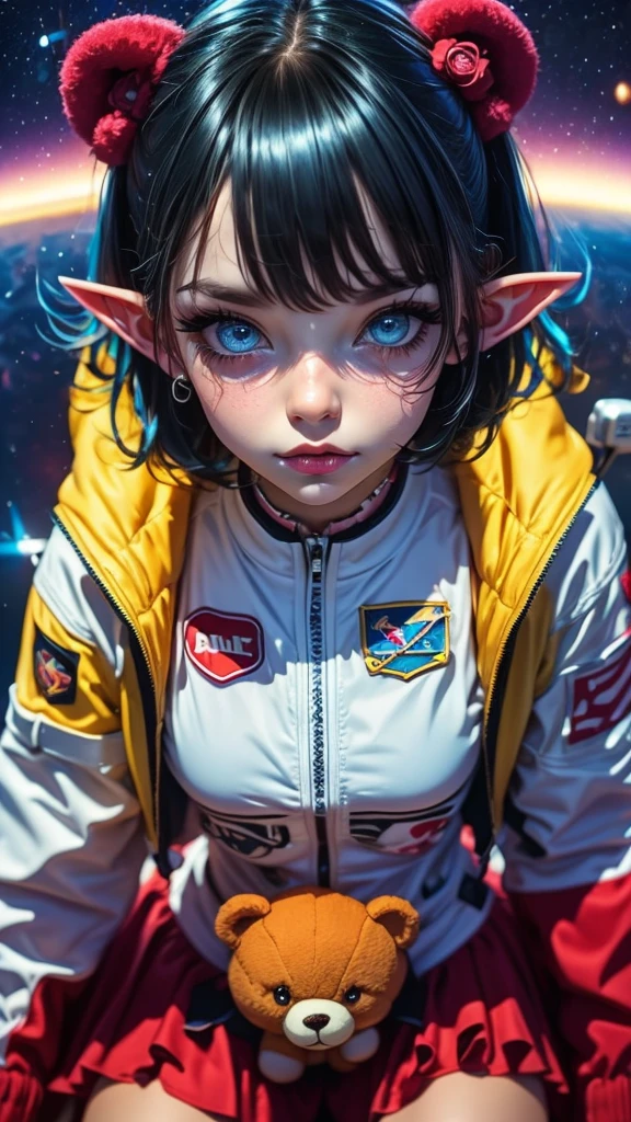 Close-up photo of a young woman, Cartoon girl in space suit with teddy bear, Vertical Anime Skirt, astronaut girl image, Molly Area, Star Guardian inspired, Short light blue hair, blue eyes, Elf race,