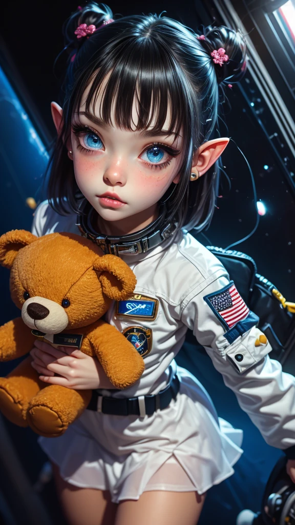 Close-up photo of a young woman, Cartoon girl in space suit with teddy bear, Vertical Anime Skirt, astronaut girl image, Molly Area, Star Guardian inspired, Short light blue hair, blue eyes, Elf race,