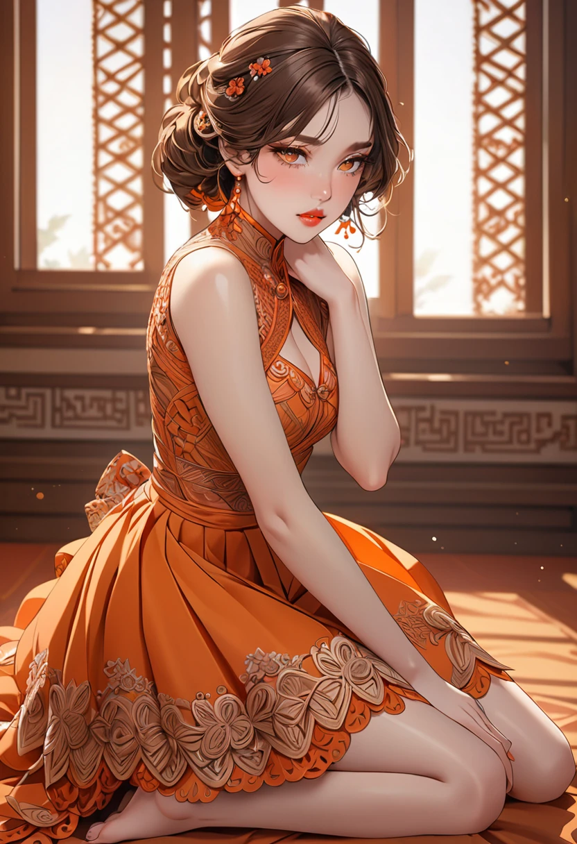a very beautiful woman, kneeling, wearing an orange skirt, barefoot, looking embarrassed, extremely detailed face and eyes, long eyelashes, detailed lips, detailed skin, detailed clothing, intricate folds in the skirt, high quality, masterpiece, warm color tones