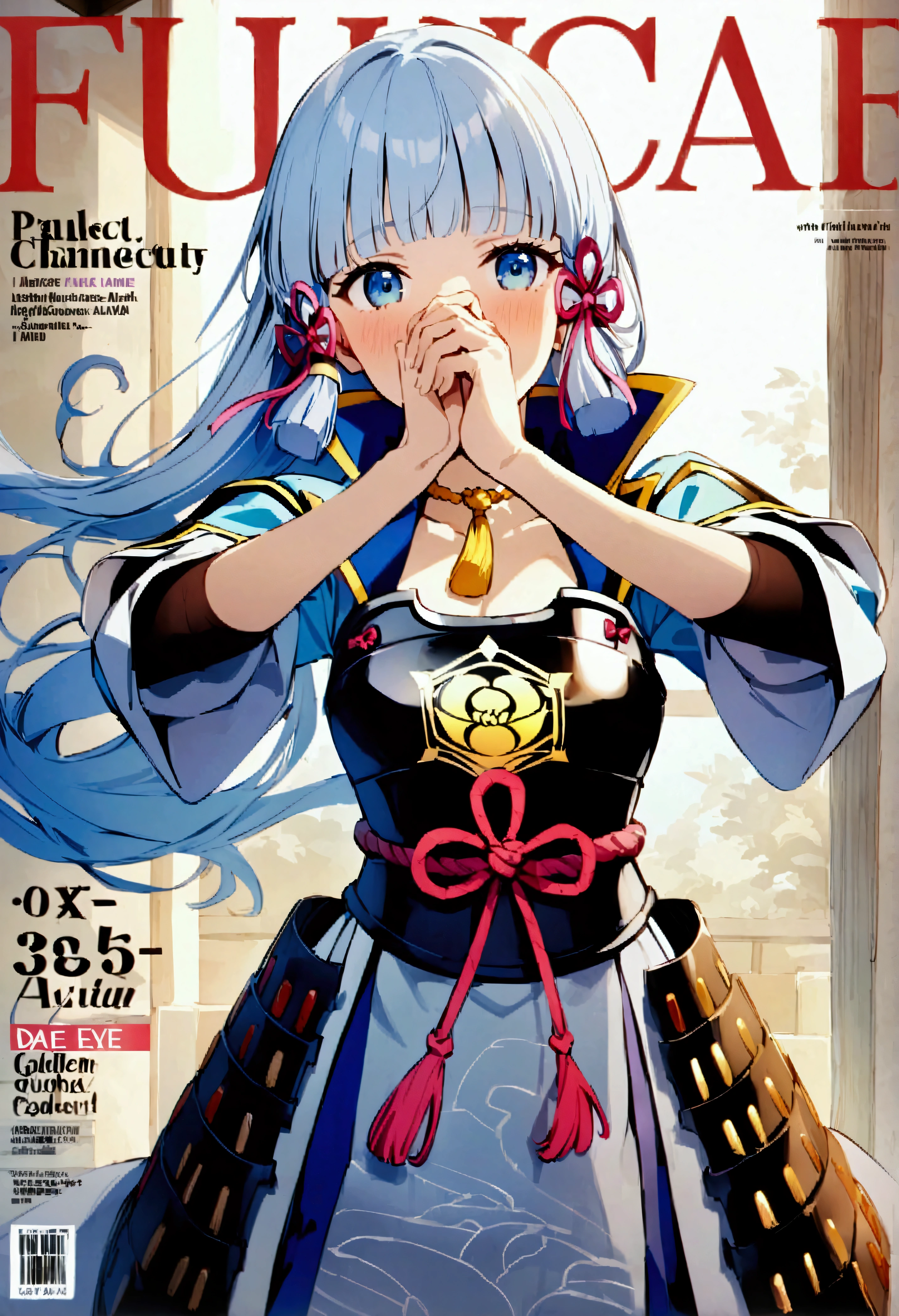 Score 9、Score 8 up、Score 7 up、Source Anime、(masterpiece、Highest quality:1.2)、Kamisato Ayaka、One girl、Aqua Eye、腕armor、armor、Raising his arms、襟付きdress、Covering the mouth、Cowboy Shot、dress、Eye trajectory、Floating hair、灰色のdress、Grey Hair、髪のribbon、High collar、have、swordをhave、armsをhave、日本のarmor、Japanese clothing、knife、Straw folding、Light trail、Long Hair、look back、ピンクのribbon、赤いrope、ribbon、rope、Sideways glance、Sleeves up to the elbows、solo、Are standing、sword、Tassel、房のribbon、Underbust、I pulled out the sheath、arms、Very detailed、Ultra-high resolution、32k uhd、Sharp focus、Highest quality、masterpiece、emotional expression、Golden Hour、型破りな最高のmasterpiece、Stunning details、Calm atmosphere、High-quality texture、Fashion photography style、Magazine Cover、Dynamic angle、Dynamic posture、Official Art、colorful、Color Splash、Cinematic Perspective、Ad Style、Magazine Cover、Very aesthetic、Perfect composition、Intricate details、