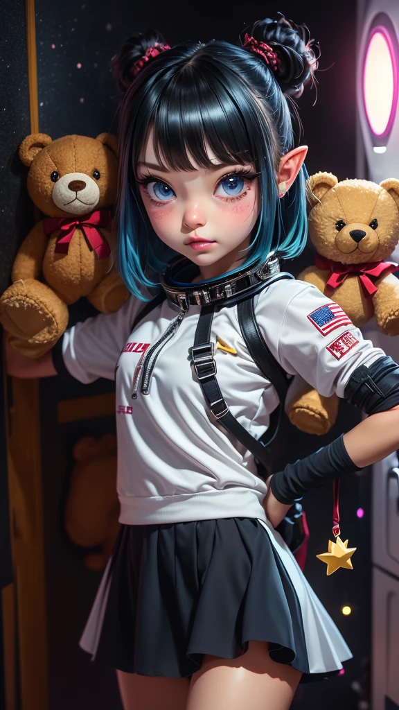 Close-up photo of a young woman, Cartoon girl in space suit with teddy bear, Vertical Anime Skirt, astronaut girl image, Molly Area, Star Guardian inspired, Short light blue hair, blue eyes, Elf race, 