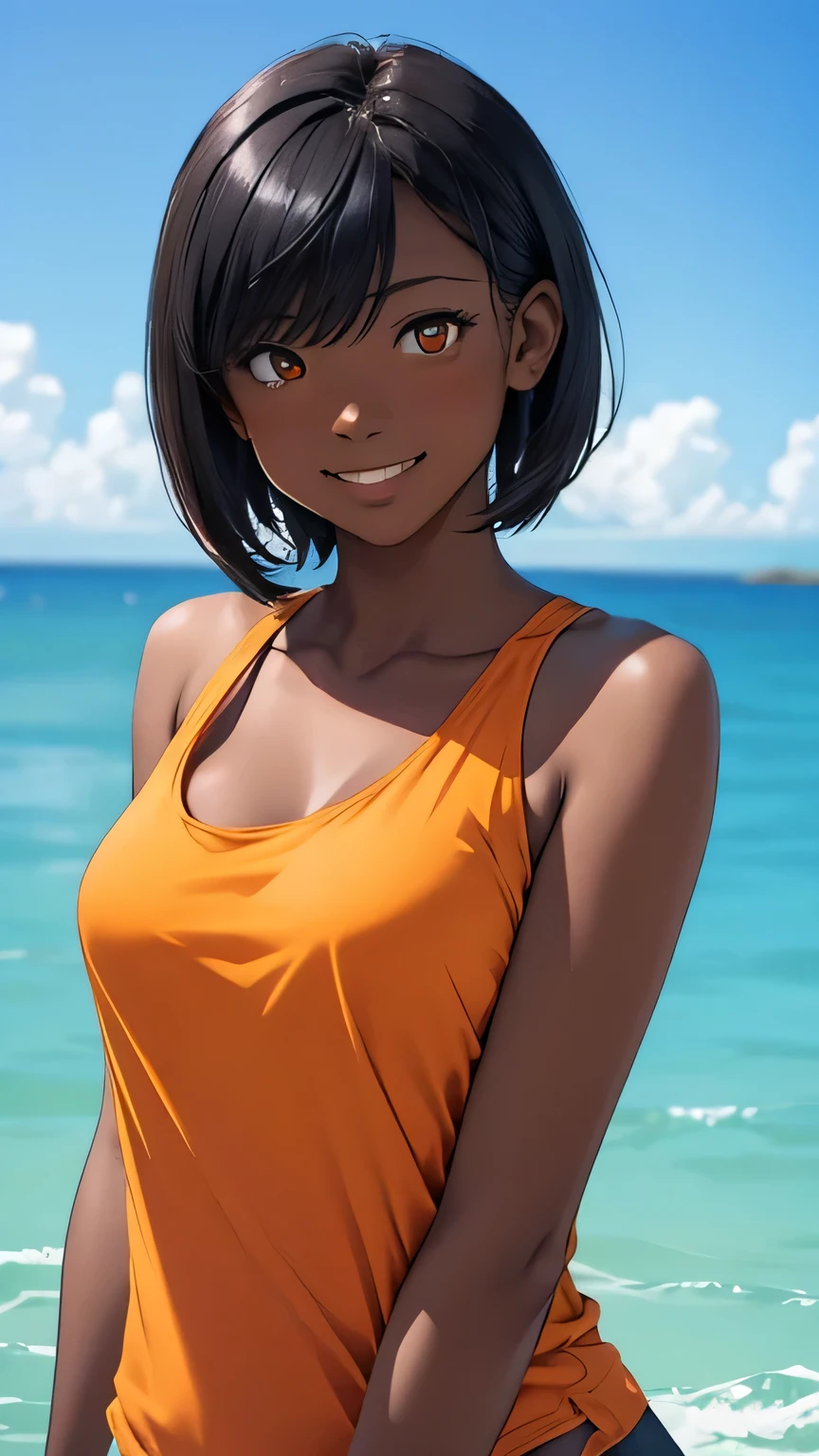 highest quality、Realistic、female、zoom、Orange Eyes、Very short black hair、Plain white tank top、Rolling up his sleevelender、Flat Chest、Sunburn。Dark Skin、smile、Bust Shot、Ocean