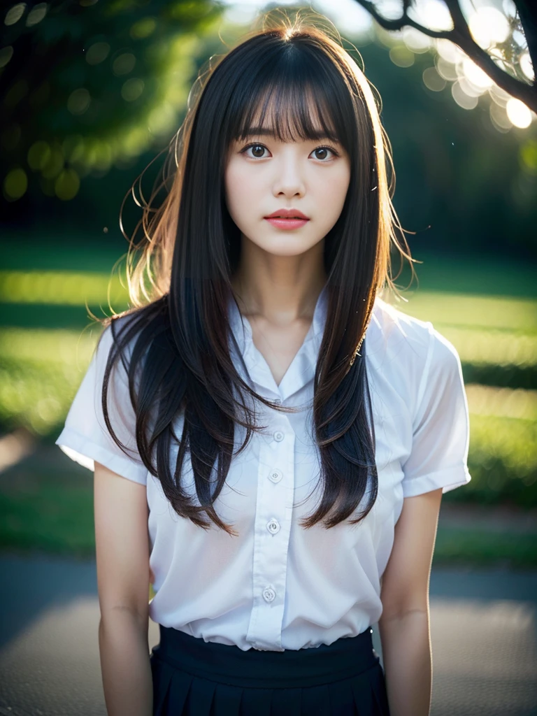 Woman、His hands are tied、((Place your hands behind your back))、((Place your hands together and cross them behind your back))、(((Her wrists are tied with rope)))、shibari、beauty、20age、university student、(anatomicaly, Has two arms and two hands)、Standing on a hill at night、There are a lot of trees、Beautiful night sky、There are many stars、A strong wind is blowing、Wearing a short-sleeved blouse、Wear a high school student-style miniskirt、Uniform eyes、Proportioned proportions、Small breasts、Small face、(I can see from head to heel), Black Hair, bangs, swept bangs, Straight hair, Nervous, Messy Hair, Floating hair, Cinema Lighting, tachi-e, First-person view, throw, From behind, F/1.2, Nikon, Cowboy Shot, Surrealism, 超High resolution, Highest quality, High resolution, 8k, Textured skin, anatomicaly正しい体,