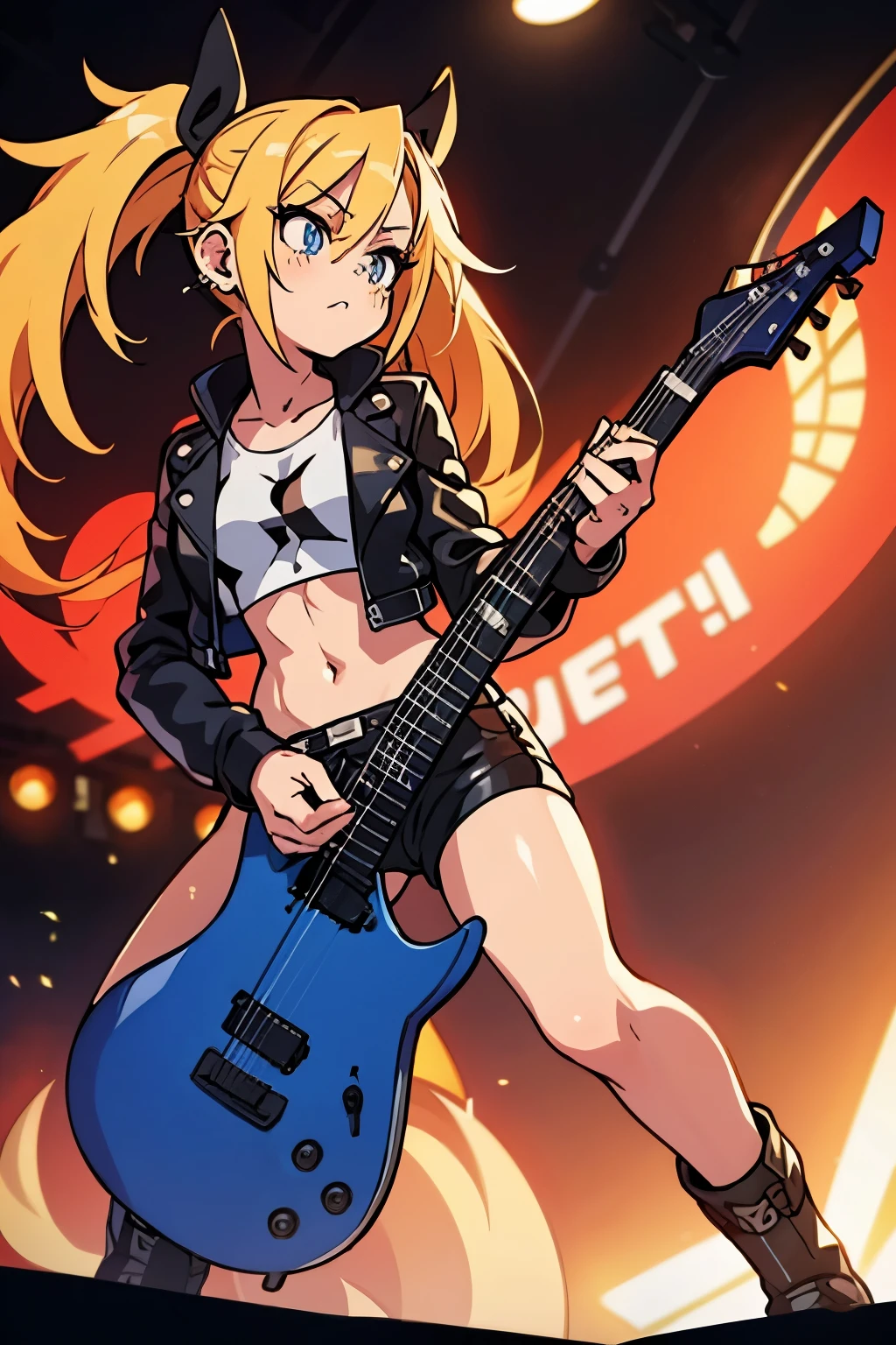(best quality). (Ultra Detalhado). (1girl), Olhando para o Viewer. (Antecedentes detalhados). belos olhos detalhados. rosto delicado e bonito. (high saturation), seios grandes, droopy breasts, (((sexy rockstar outfit))), (((long legs))), (((gigantic breasts))), (((playing the electric guitar))),