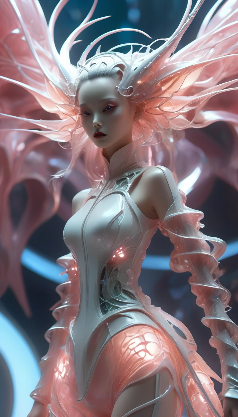 Alien Technology Fashion Runway , Vogue Photos , Inspired by Chinese fairy tales and cyberpunk。(Highest quality,4K,8k,High resolution,masterpiece:1.2), (Realistic,Realistic,Photorealistic:1.37).