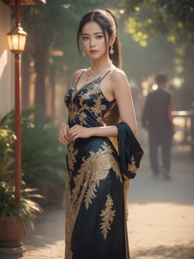 best quality, Masterpiece, height, 1 girl,Chinese dress,The dress is very short, showing off the beautiful proportions., decorationsผม,necklace, decorations,Beautiful face,when_body, Tyndall Effect,realistic, dark studio, Light around the wheel rim, Two tone light,(Highly detailed skin:1.2), 8K เอ่อ, dslr, soft light, High quality, Volumetric light, Straightforward, photograph, high resolution, 4K, 8K, Bokeh, black ponytail hair, she is Peacock spreads its tail 