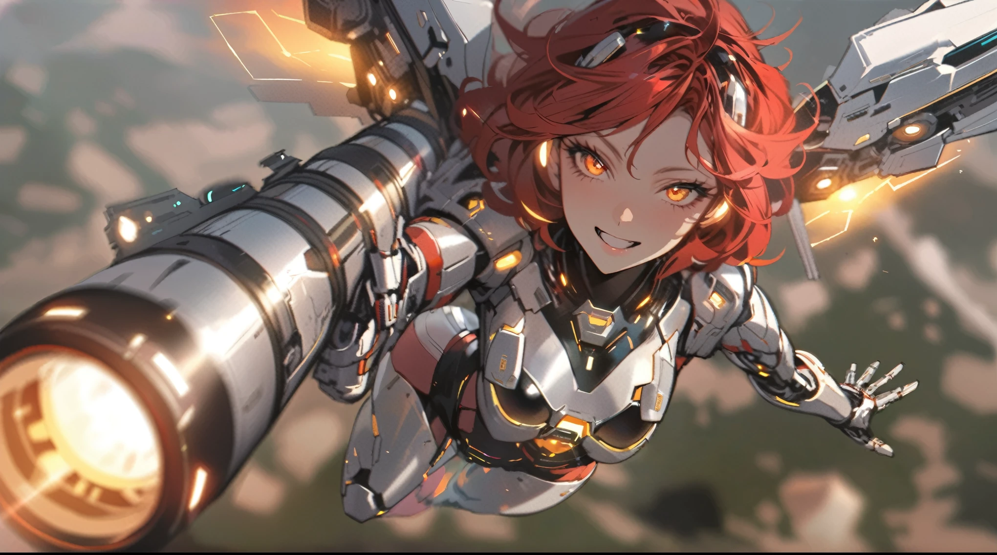 postapocalypse themed concept art, ultra-detailed illustration of android girl, solo, red hair, golden eyes, mechanical silver and white armor, glowing mechanical wings, She holds a huge bazooka and flies through the air. bird's eye view, depth of field, wasteland, summer sky, expressive face, provocative smile, glitch effect, masterpiece, best quality, beautiful illustration, very aesthetic art, perfect anatomy, perfect hand