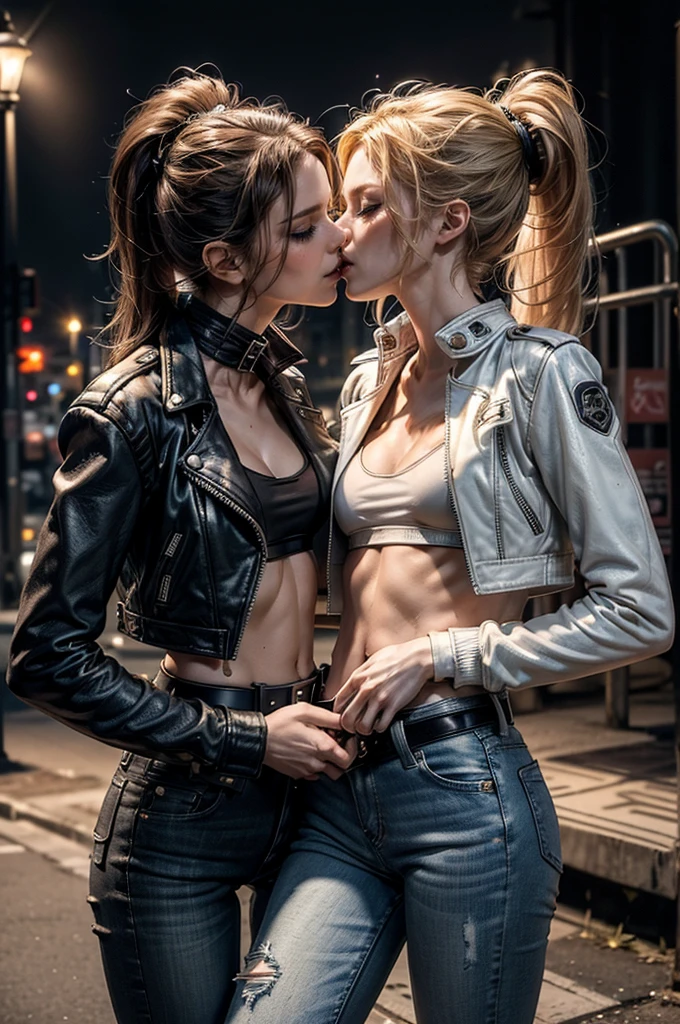 (Detailed illustrations, Very detailed and detailed drawing, Delicate lines with slow and rapid, Realistic texture expression), Two women with long blond or ginger hair, ponytail or messy hair, (((passionate kissing))), kiss, (((eyes closed))), (((closed eyes))), erotic, (((one girl is touching the other sensually and grabbing her crotch))), ((intimate)), ((hand in pants)), ((fingering navel)), ((empty street playground background with graffiti)), (((night time, street light))), standing in the street, (((very skinny figure, very thin waist, very narrow hips, very slim legs, large breast, athletic body))), punk, ((white bra)), exposed midriff, (((high waist jeans))), ((navel piercing)), strong abs, ((black collars)), ((((small open leather jacket)))), ((black or brown leather belt))