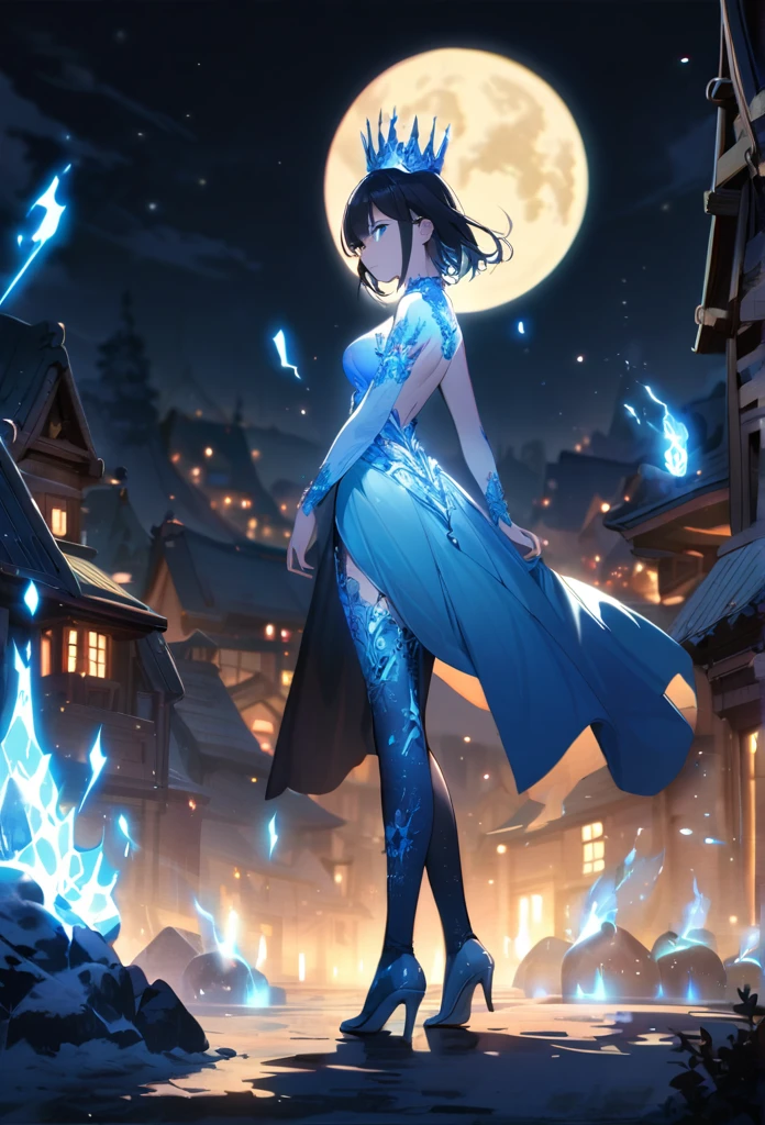 night, ((1 girl)),full body view ,alone, masterpiece, 8k wallpaper, highres, absurdres, high quality background, short hair, black hair, multicolor hair, beautiful frozen village, (full bright moon), blue dress, detailed dress, jewelry dress, (magic:1.2), blue fire, blue eyes, glowing eyes, fire, ice goddess, (blue detailed beautiful crown), electricity, blue electricity, blue light particles