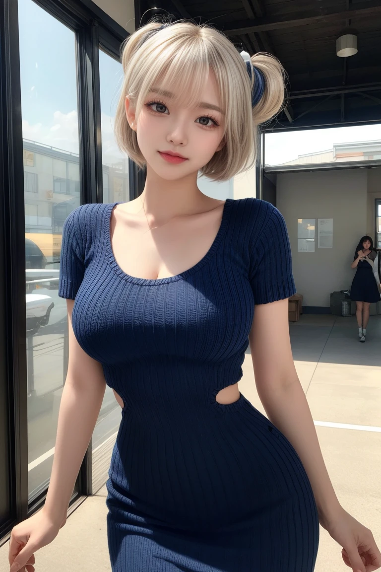 reflected light、Platinum blonde hair with dazzling highlights、Shiny Hair、Beautiful shiny bangs、bright, clear, charm, large blue eye、so beautiful, A cute and adorable -yeld gi、Ample Bust、Beautiful detailed eye、 Beautiful and detailed nose,eyeを強調するメイク、Glamorous details、Super huge breasts、((Cinematic))、(Loose and fluffy perm:1.4)、1 girl、((Bob Hair:1.3))、Ultra-realistic 8K CG、絵に描いたようなPerfect Face、masterpiece、Professional artwork、 Famous works of art、Perfect Face、Beautiful Face))、alone、(blush:0.5)、Captivating look、Very detailed_eye、Beautifully detailed backgrounds、Written boundary depth、whole body、(Cinematic )、(Slim legs)、(Light on face and chest)、 Mature Woman、Light blue hair、((bright灰色の髪))、(((Two-tone hair)))、Slender women、Cute Woman、 8K Ultra HD,Detailed face、Delicate texture,(A very cute 17 year oom Japan.),  ((Short hair with side waves and twin tails)),(((Slim and slender figure)))， (((Clean your hands)))，(((A very kind smile))), (((She is wearing a navy blue and white knitted dress.))) ，((Highest quality, 16 k race, The pieces fly: 1.3)), Light on the face, 非常にDetailed face, Very detailedな唇, 詳細なeye,