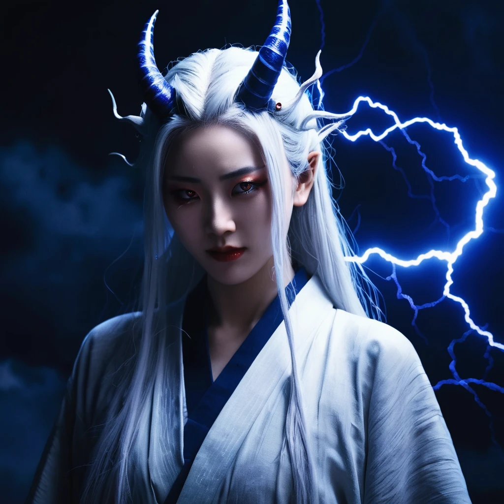 I want a human with eyes covered by a lightning aura and a woman of Japanese ethnicity, I want her to have a hideous smiling expression, and an extremely strong blue demonic aura that surrounds his entire being, this woman has two horns that are covered by lightning and will have long white hair, and wore a sensual Japanese outfit, will have eyes covered in dark blue rays and appear to be 24 years old at most. captured in an ultra-realistic full HD 4K portrait, detailed texture showing its menacing shape, Immersive atmosphere, high definition shadow play, digitalpainting, nevoa no environment. I want a different monster from each other and make the image darker, obscure, creating a dark and dimly lit horror atmosphere!