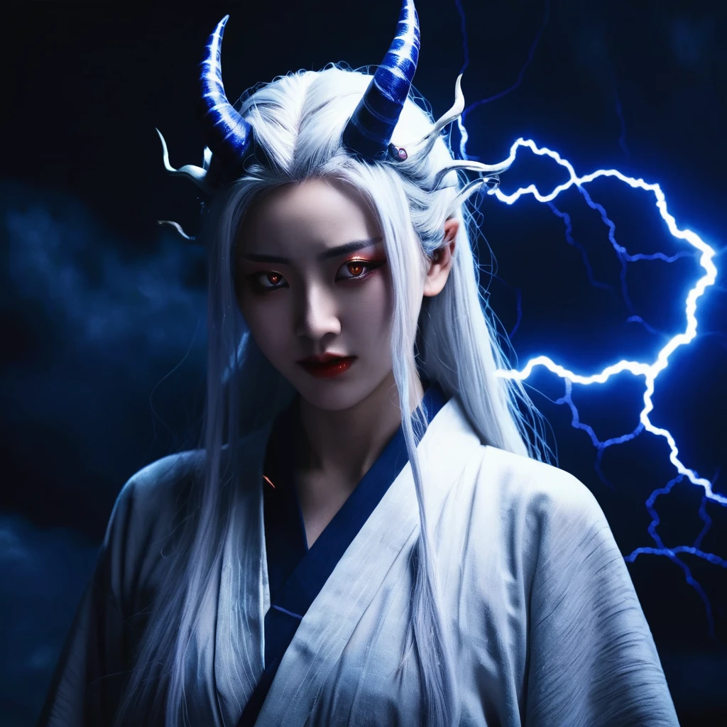 I want a human with eyes covered by a lightning aura and a woman of Japanese ethnicity, I want her to have a hideous smiling expression, and an extremely strong blue demonic aura that surrounds his entire being, this woman has two horns that are covered by lightning and will have long white hair, and wore a sensual Japanese outfit, will have eyes covered in dark blue rays and appear to be 24 years old at most. captured in an ultra-realistic full HD 4K portrait, detailed texture showing its menacing shape, Immersive atmosphere, high definition shadow play, digitalpainting, nevoa no environment. I want a different monster from each other and make the image darker, obscure, creating a dark and dimly lit horror atmosphere!