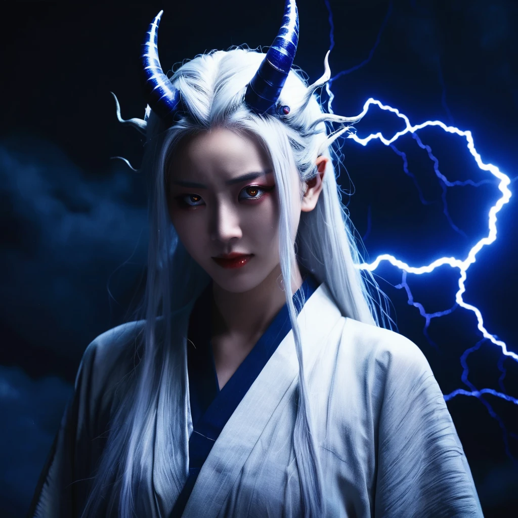 I want a human with eyes covered by a lightning aura and a woman of Japanese ethnicity, I want her to have a hideous smiling expression, and an extremely strong blue demonic aura that surrounds his entire being, this woman has two horns that are covered by lightning and will have long white hair, and wore a sensual Japanese outfit, will have eyes covered in dark blue rays and appear to be 24 years old at most. captured in an ultra-realistic full HD 4K portrait, detailed texture showing its menacing shape, Immersive atmosphere, high definition shadow play, digitalpainting, nevoa no environment. I want a different monster from each other and make the image darker, obscure, creating a dark and dimly lit horror atmosphere!