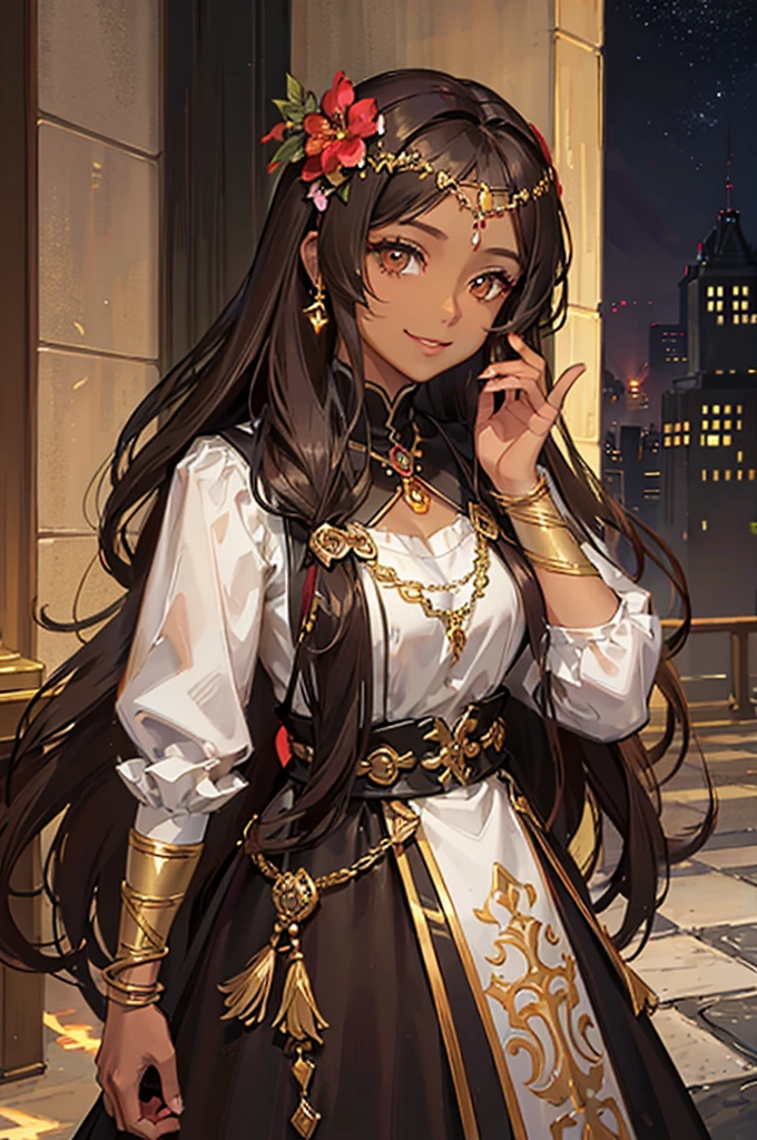 NefertariFate, 1girl, solo, long hair, brown hair, light armor hair ornament, dress, brown eyes, jewelry, hair flower, dark skin, necklace, bracelet, dark-skinned female, smile , golden eyes , sexy