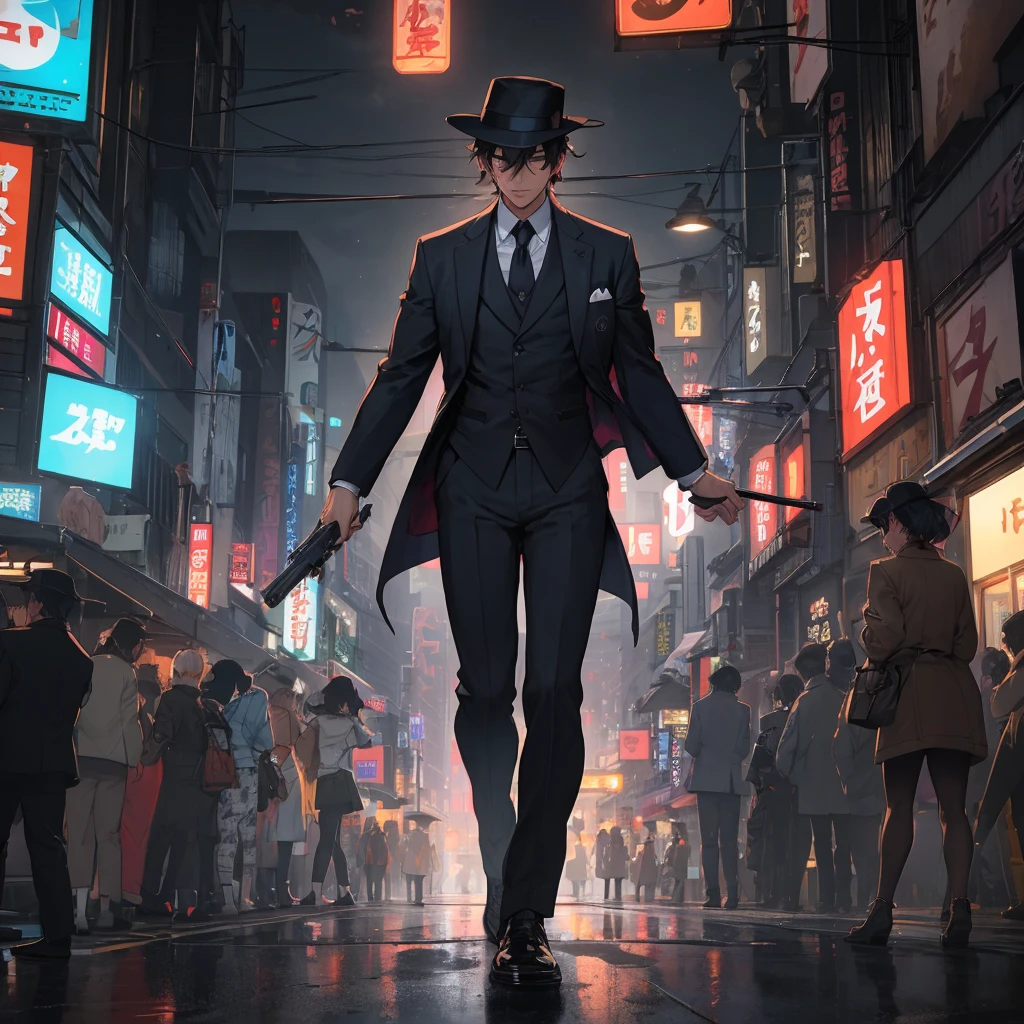 Amidst the bustling streets of Tokyo, Taro Sato stood at the edge of Shibuya Crossing, his dark hair catching the glow of neon lights. His figure cut a striking contrast against the vibrant backdrop—a tailored navy suit that spoke of sophistication, complemented by a classic detective’s hat perched atop his head. The hat, dark grey with a wide brim, lent an air of timeless mystery and authority.
In his right hand, Taro held a sleek, black handgun, its polished surface reflecting the city’s dazzling lights. The weapon was discreetly yet firmly gripped, suggesting readiness without overt aggression. The contrasting elements of his attire—the formal suit, the detective’s hat, and the gun—painted a complex portrait of a man who navigated Tokyo's vibrant chaos with a sharp, focused purpose.
As he stood in the midst of the frenetic crowd, the rhythmic pulse of Tokyo seemed to blur around him. His eyes, keen and alert, scanned the sea of faces and neon signs. He briefly stepped into a quieter alleyway, where the high-energy atmosphere of the main streets gave way to the softer glow of a ramen shop. The warm light from within offered a brief respite, casting a gentle illumination on his face and the gun he held. In this blend of chaos and calm, Taro Sato remained a figure of both intrigue and vigilance, perfectly at home in the city’s ever-shifting landscape.