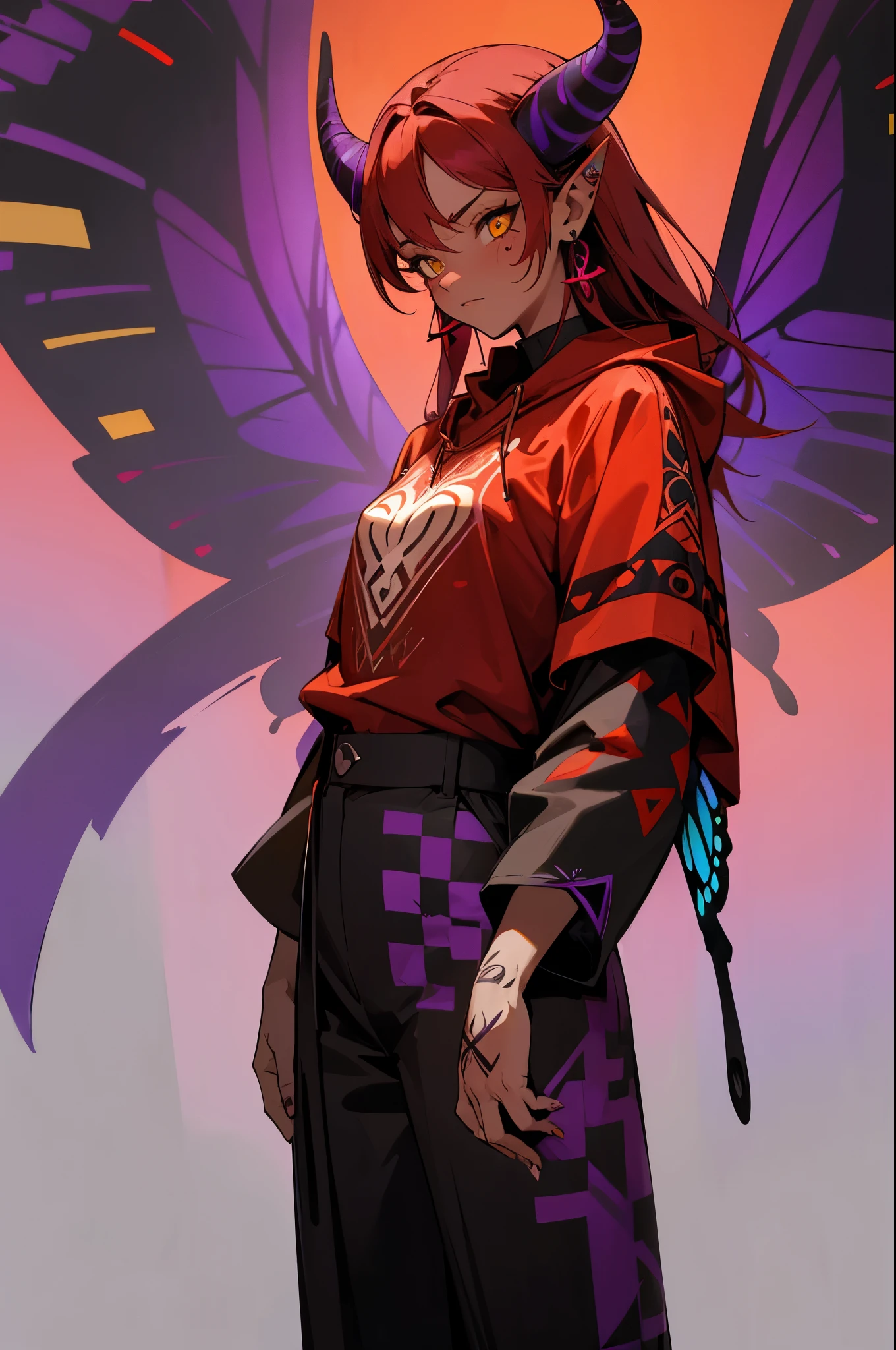 Black and Purple Tribal Markings On Body, Black and Purple Face Tattoos , Purple Butterfly Fairy Wings , dark skin, small yellow horns, light yellow eyes, red earrings, red hair, mature woman, red cloak, red pattered shirt, black checkered pants,
