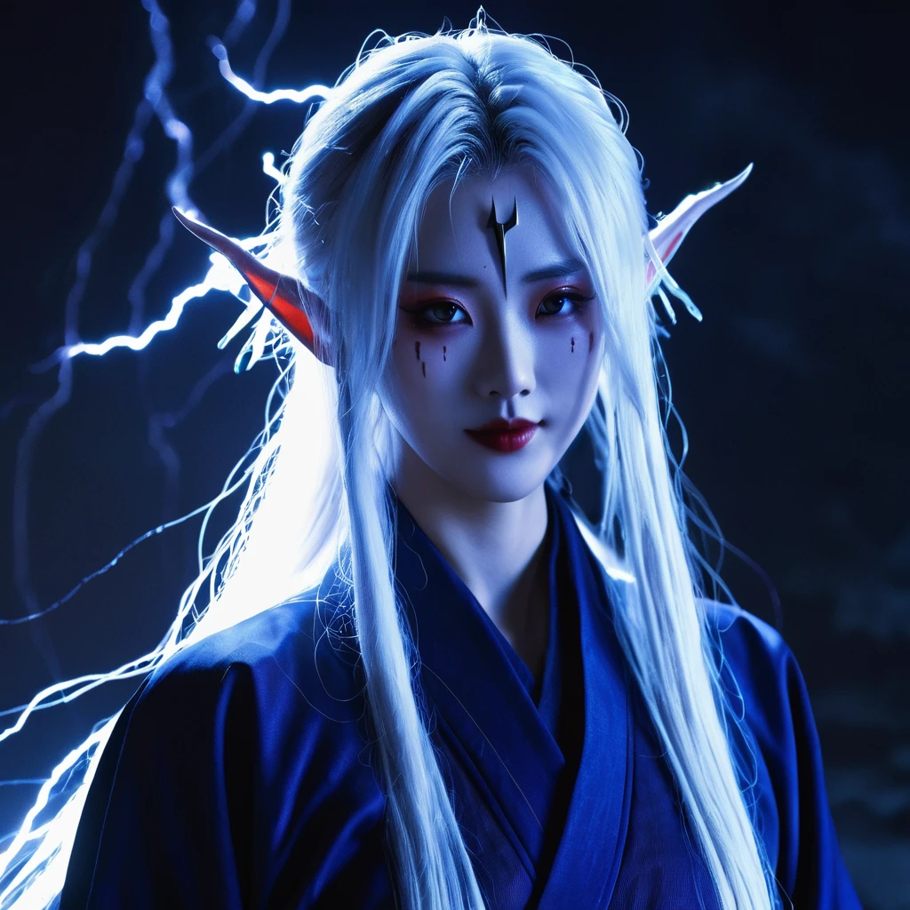 I want a human with eyes covered by a lightning aura and a woman of Japanese ethnicity, I want her to have a hideous smiling expression, and an extremely strong blue demonic aura that surrounds his entire being, this woman has two horns that are covered by lightning and will have long white hair, and wore a sensual Japanese outfit, will have eyes covered in dark blue rays and appear to be 24 years old at most. captured in an ultra-realistic full HD 4K portrait, detailed texture showing its menacing shape, Immersive atmosphere, high definition shadow play, digitalpainting, nevoa no environment. I want a different monster from each other and make the image darker, obscure, creating a dark and dimly lit horror atmosphere!