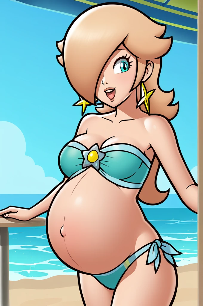 score_9, score_8_up, 1girl, solo, rosalina, style parody, thick outlines, bikini, swimsuit, pregnant belly, big belly, sleeveless, strapless, cleavage, indoors, beach, happy, showing his belly