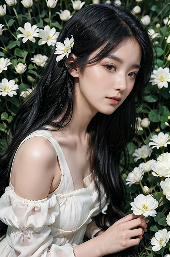 Drama, Court dress, Royal, Gorgeous, 层叠的Ruffles, Ruffles, bow, Crystal chandeliers, Roman Curl Hairstyle, Will release, Double ponytail like a drill, Look at the camera, Bangs, Minimalism, Magnificent background, Delicate depiction of hair and eyes, Princess dress, Gorgeous skirts, Holding flowers, Smile, Star-studded eyes, light, Extremely detailed, HD, Happy girl, Very long hair, diamond, broken diamond, Crystal Shards, Light Particles