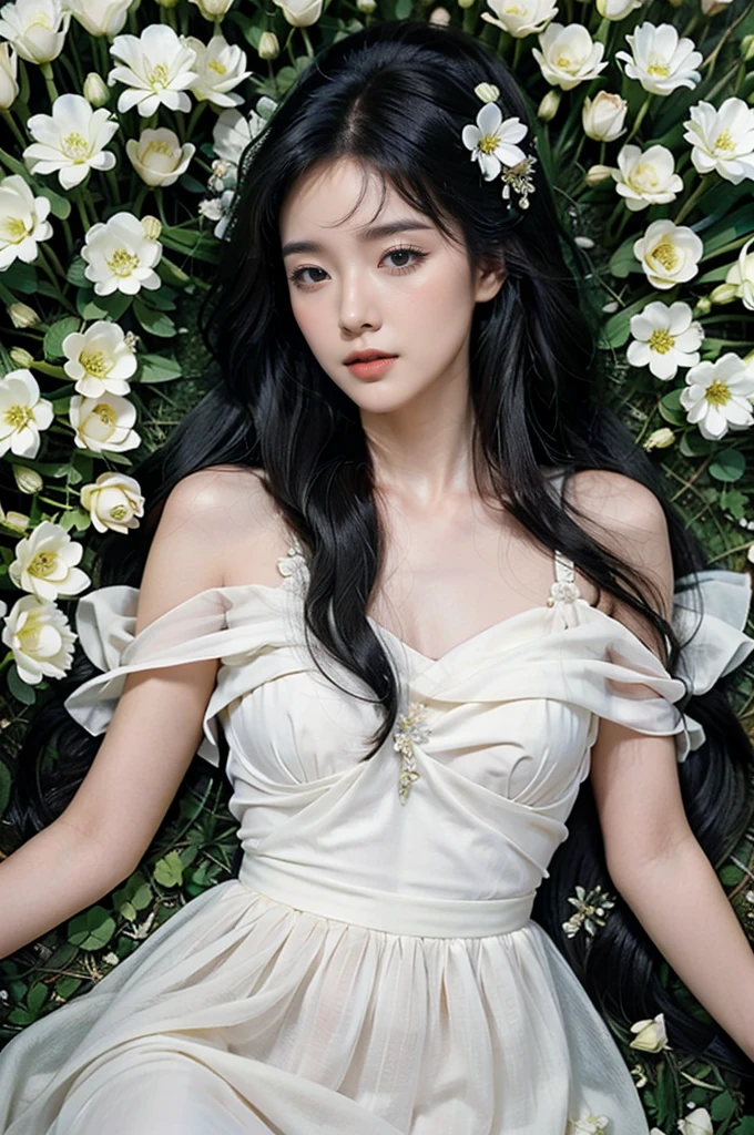 Drama, Court dress, Royal, Gorgeous, 层叠的Ruffles, Ruffles, bow, Crystal chandeliers, Roman Curl Hairstyle, Will release, Double ponytail like a drill, Look at the camera, Bangs, Minimalism, Magnificent background, Delicate depiction of hair and eyes, Princess dress, Gorgeous skirts, Holding flowers, Smile, Star-studded eyes, light, Extremely detailed, HD, Happy girl, Very long hair, diamond, broken diamond, Crystal Shards, Light Particles