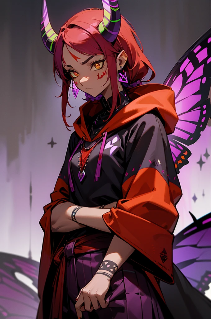 Black and Purple Tribal Markings On Body, Black and Purple Face Tattoos , Purple Butterfly Fairy Wings , dark skin, small yellow horns, light yellow eyes, red earrings, red hair, mature woman, red cloak, red pattered shirt, black checkered pants,, fully clothed